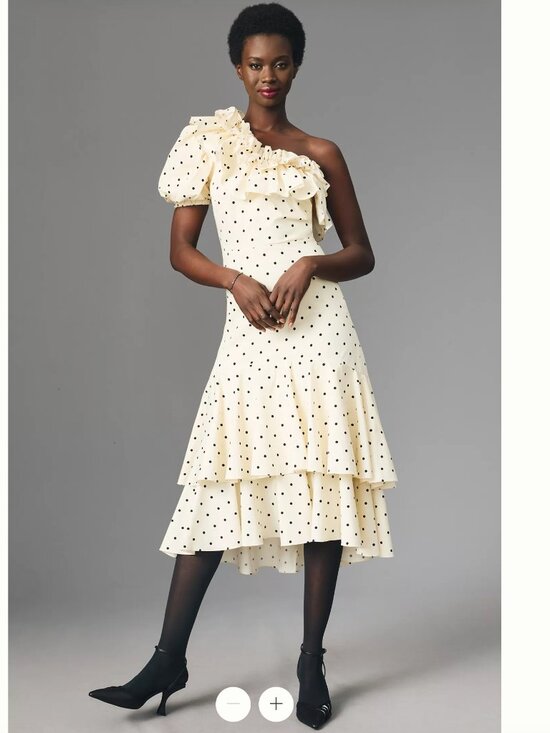 Queens of Archive Ivory One-Shoulder Ruffle Midi Dress Polka Dot NWT L - Picture 2 of 3